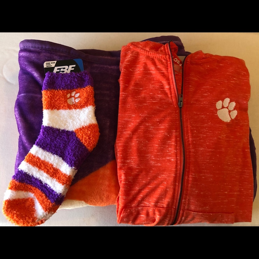 Clemson University Zip-up, Fuzzy Socks, Blanket